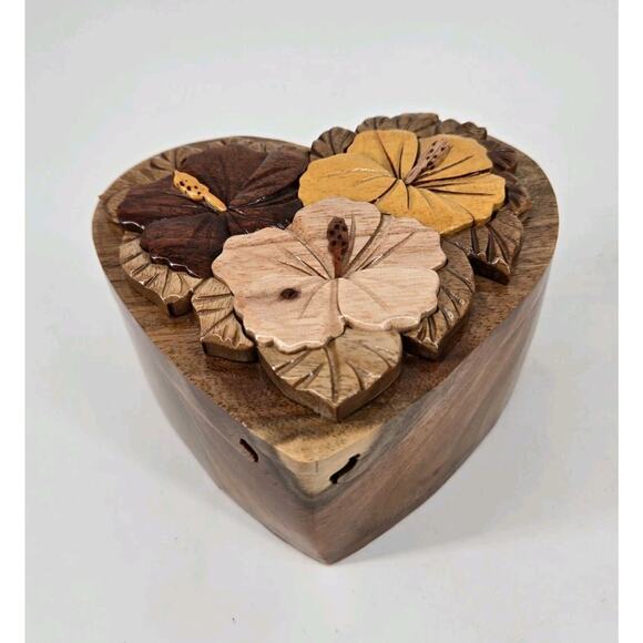 Wooden Carved Heart Hibiscus Floral Flower Puzzle Trinket Jewelry Box - Picture 2 of 16